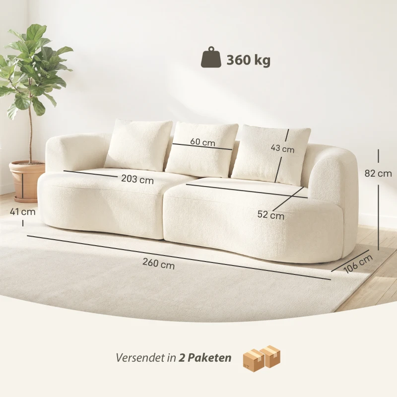 HOMCOM 3-Sitzer-Sofa, 260 cm Chenille-Sofa mit breiter Sitzfläche, Federkernpolsterung, hochdichtem Schaumstoff, 3 Kissen creme