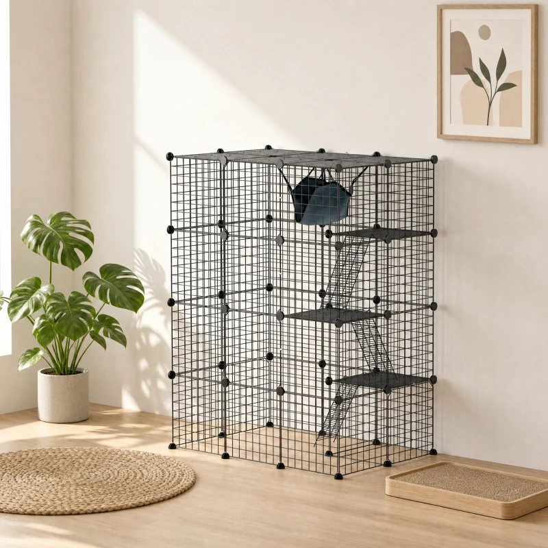 PawHut Cage pour chat d'intérieur parc pour chat en acier à 4 niveaux DIY avec 5 portes hamac 1-3 chats 105 x 70 x 140 cm noir