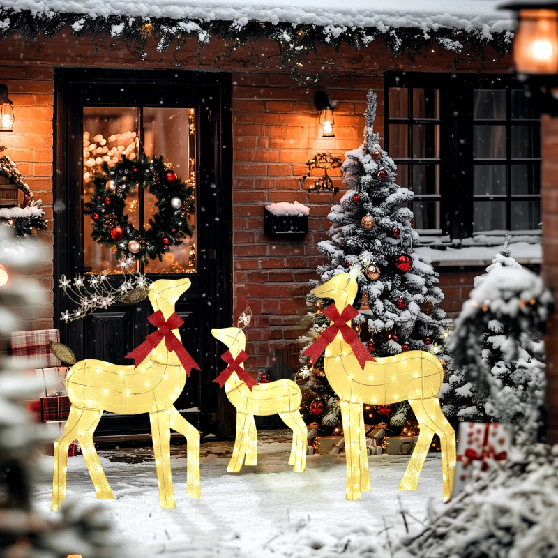 Outsunny 3-delige verlichte rendierfamilie | LED-kerstdecoratie met rode strik, staal & polyester, waterbestendig