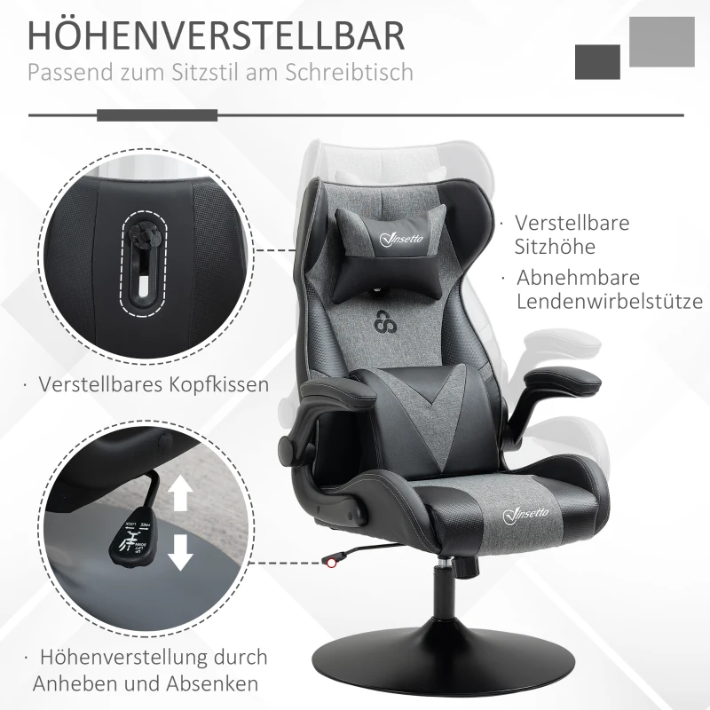 Vinsetto Gamingstoel, hoogteverstelbaar & draaibaar, Kunstlederen bekleding, opklapbare armleuningen, Zwart+Grijs(m-4)