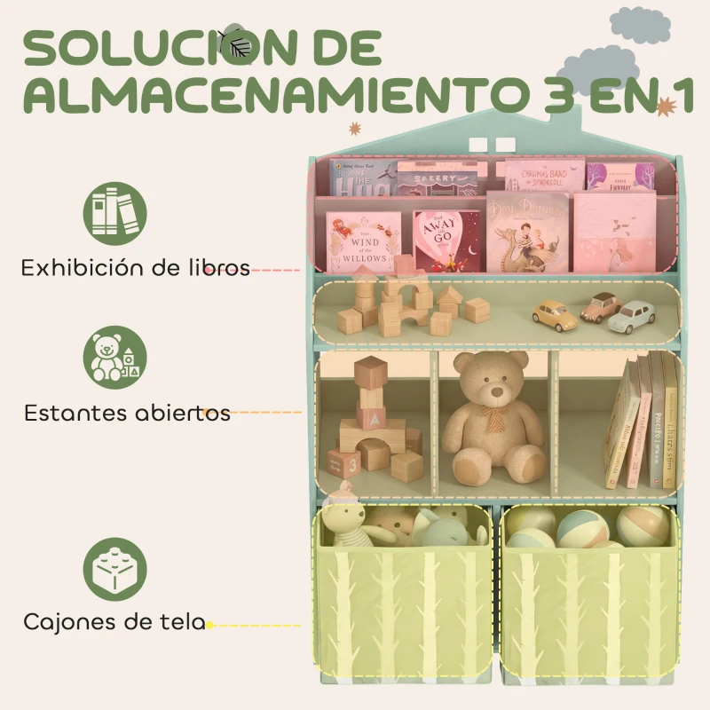 AIYAPLAY Estantería Infantil para Juguetes con Cajones de Tela Estantes Abiertos Diseño de Ositos Organizador de Juguetes Verde