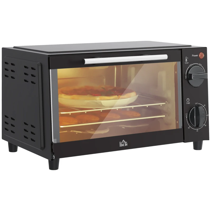 HOMCOM Mini-Oven, 9 Liter Inhoud, Temperatuur en Kooktijd Instelbaar, met Grillrek en Bakplaat, Zwart(m-11)