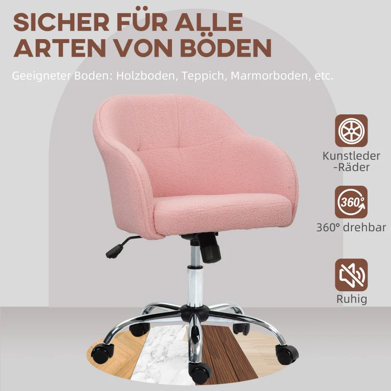 HOMCOM Thuiswerkstoel, ergonomische bureaustoel met kantelfunctie, teddyfluweel-look 56 x 61 x 86 cm Roze