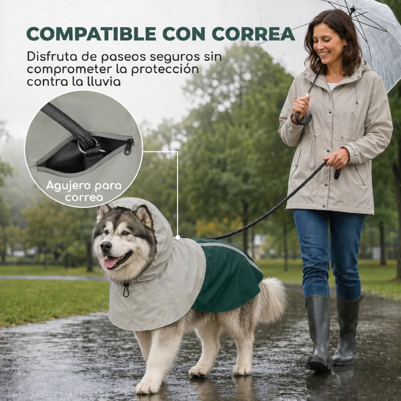 PawHut Impermeable para Perros con Capucha Orificio para Correa y Tiras Reflectantes para Perros de Talla Gigante Verde