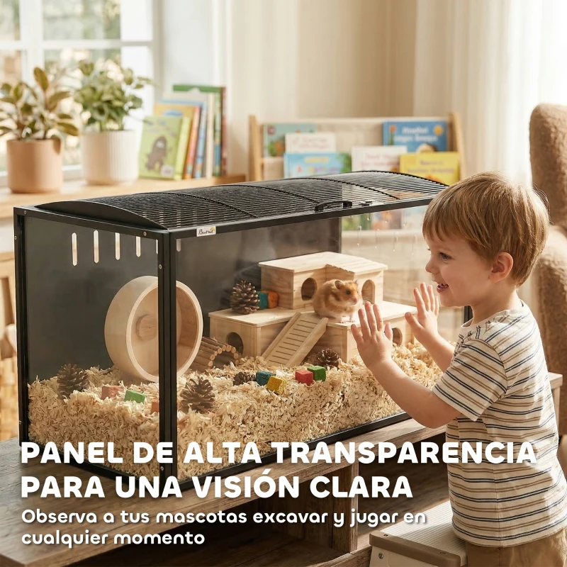 PawHut Jaula para Hámster Grande 105x51x53 cm con Tapa Ventilada Abatible, Marco de Acero, Paneles Transparentes Negro