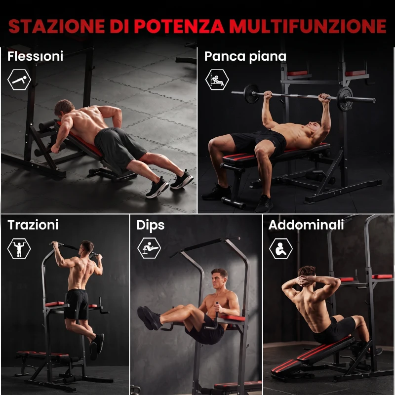 HOMCOM Power Tower Pieghevole con Panca Piana Regolabile, Rack Palestra Multifunzione con Barre per Dip e Trazioni, Altezza Regolabile 7 Livelli, in Acciaio, Allenamento Fitness Casa Palestra, Rosso