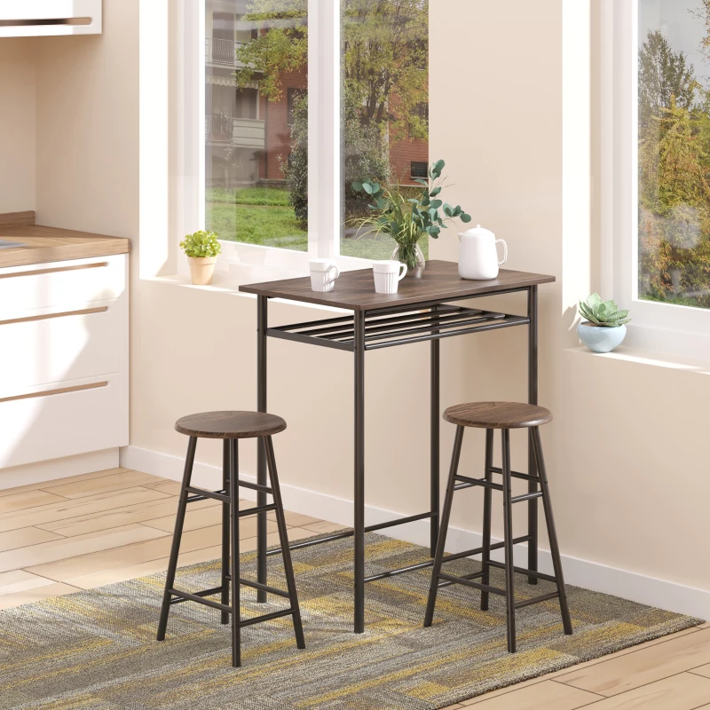 HOMCOM Bartafel Set, 3-delig, Tafel & 2 Krukken, Opbergrek, Industrieel Ontwerp, Zwart/Eiken