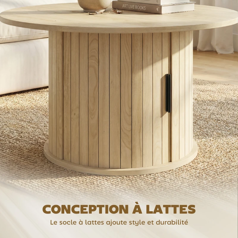 HOMCOM Table basse ronde, table de salon avec rangement, porte coulissante à lattes, 2 étagères, effet bois naturel