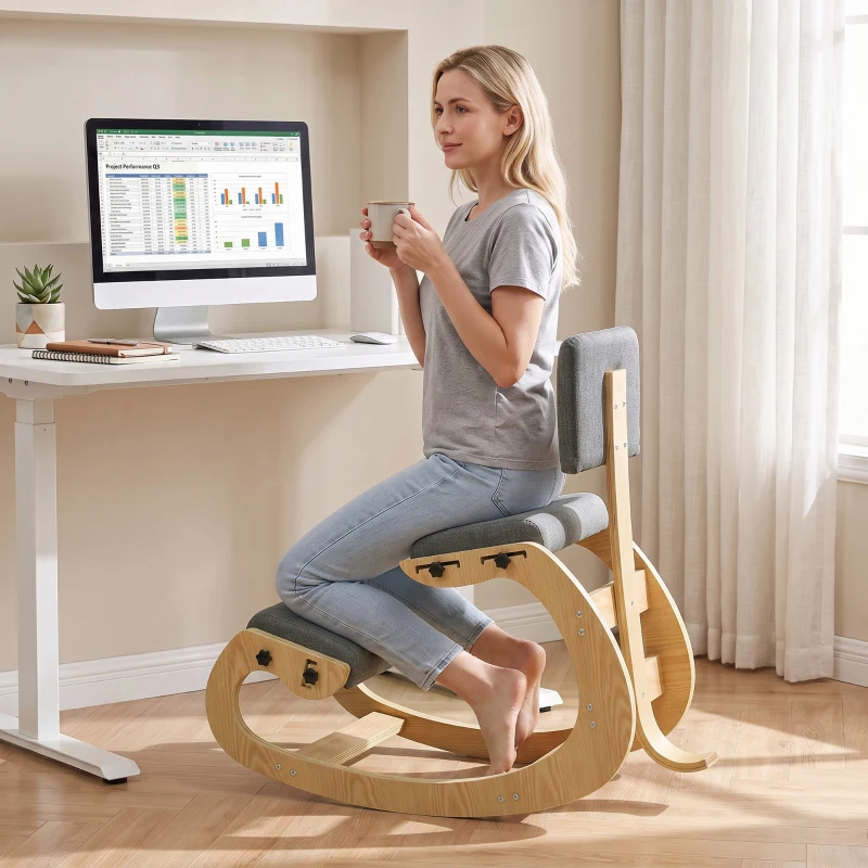 HOMCOM Scaun Ergonomic pentru Genunchi cu Spatar, Balansoar, Postural, In si Lemn Mesteacan, Gri