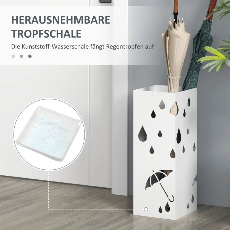 HOMCOM Paraplustandaard, 4 Haken, Wateropvangbak, Staal, Wit