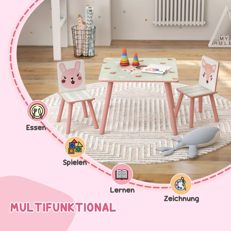 ZONEKIZ Kinderset van grenenhout, tafel met 2 stoelen, dierenmotief, kinderkamer, 3-8 jaar, roze