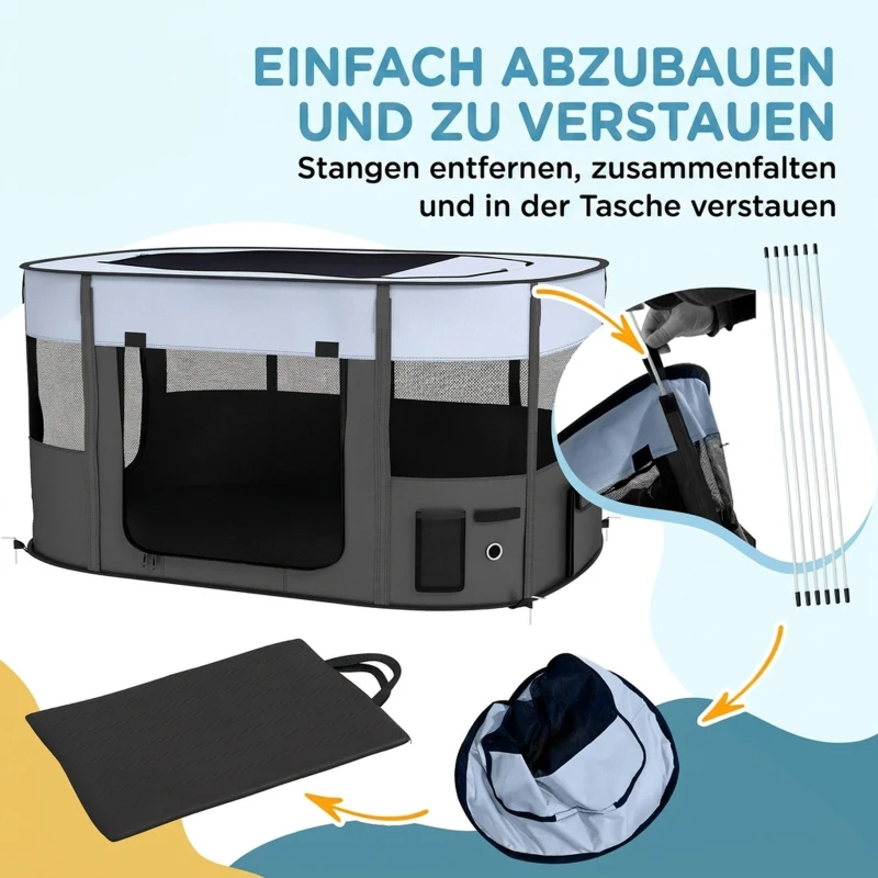 PawHut Spielgehege für Haustiere, faltbar, mit Aufbewahrungstasche, für Welpen und Kätzchen, drinnen und draußen, Grau