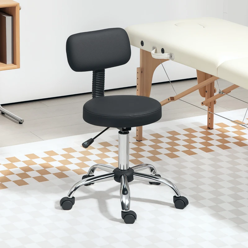 HOMCOM Rollhocker Höhenverstellbarer Drehhocker mit Lehne, Drehbarer Arbeitshocker Kunstleder Schwarz 46 x 51 x 78-93 cm