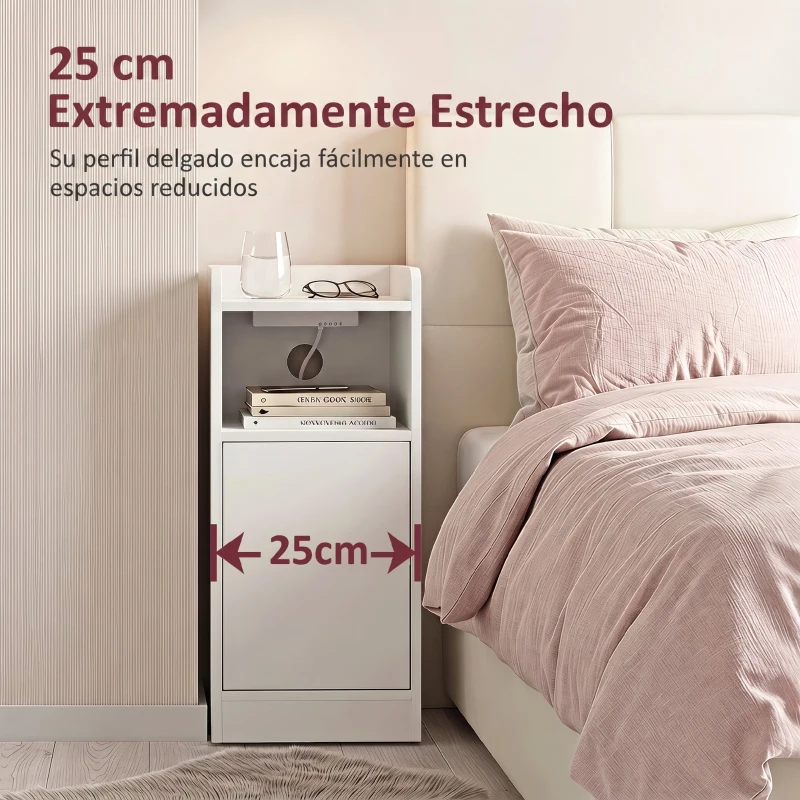 HOMCOM Juego de 2 Mesitas de Noche Estrechas con Estación de Carga Puerta Compartimento Abierto Estante Ajustable Blanco