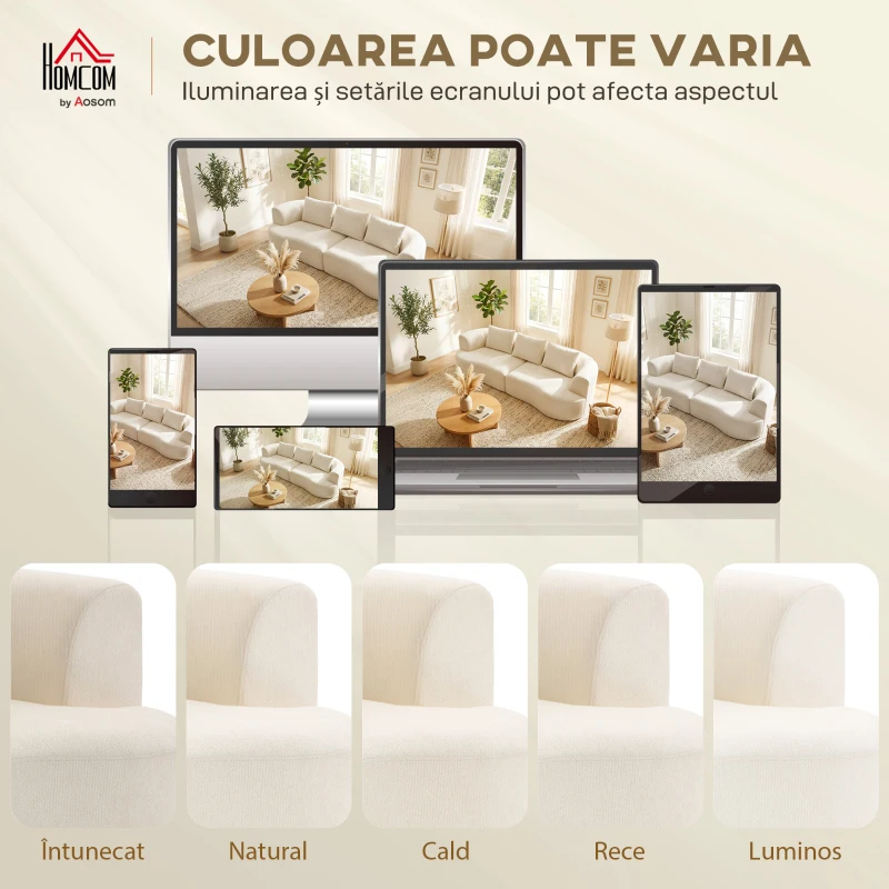 HOMCOM Canapea 3 Locuri Modulară 260cm Fără Structură cu Șezut Generos, Pernă Groasă, 3 Perne, din Catifea, Crem