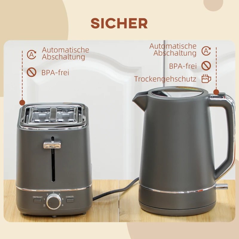 HOMCOM Set van 1,7 L waterkoker en toaster met 6 bruiningsniveaus, Grijs
