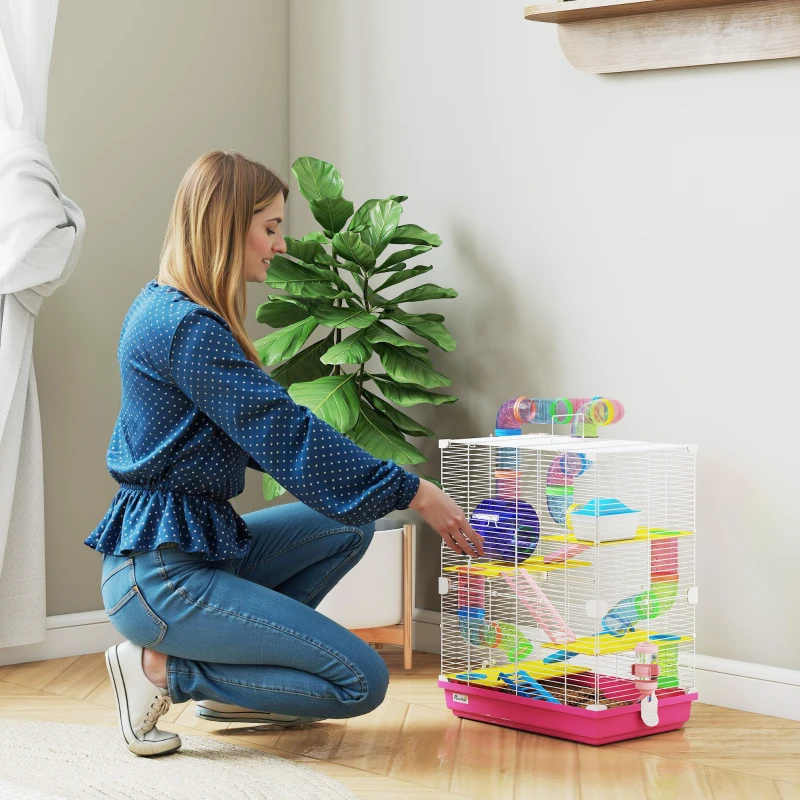 PawHut Cage pour Hamster Rongeur 5 Étages avec Tunnels, Mangeoire, Roue, Maison, Échelles, 46 x 30 x 58 cm, Rose