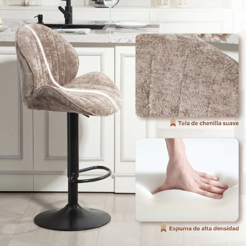 HOMCOM Juego de 2 Taburetes de Bar Giratorios con Altura Ajustable 62-83 cm Tapizada en Chenilla Respaldo y Reposapiés Moca
