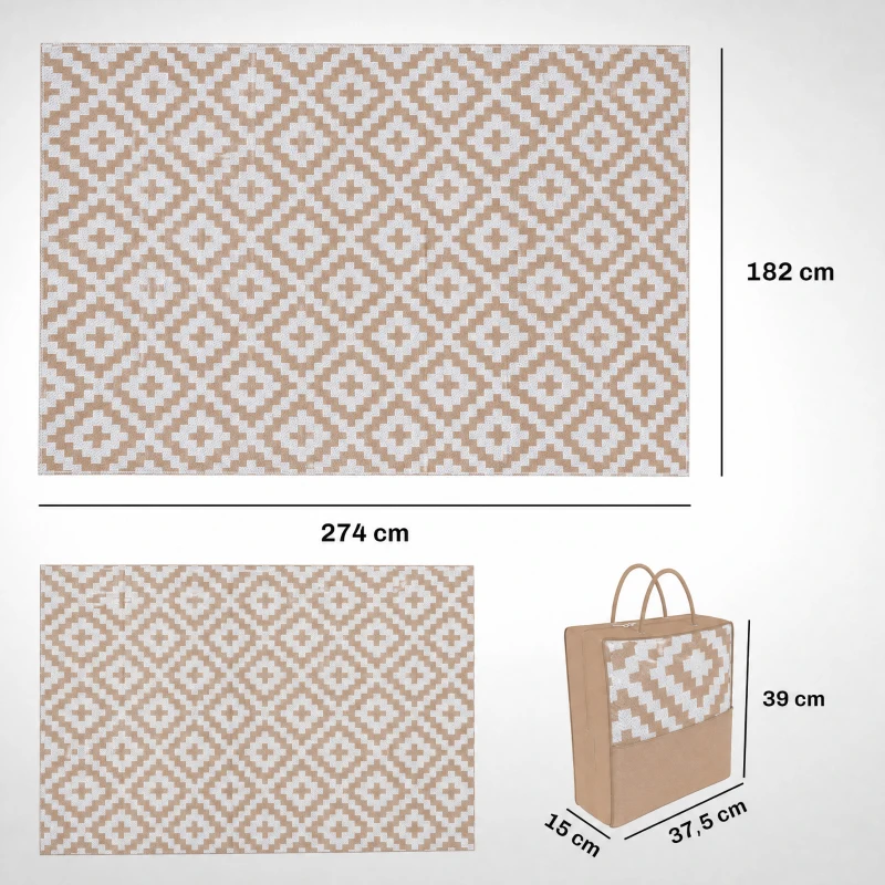 Outsunny Tapete de Exterior 182x274 cm Reversível com Desenho Geomátrico  para Varanda Pátio Campismo Prais Branco e Castanho