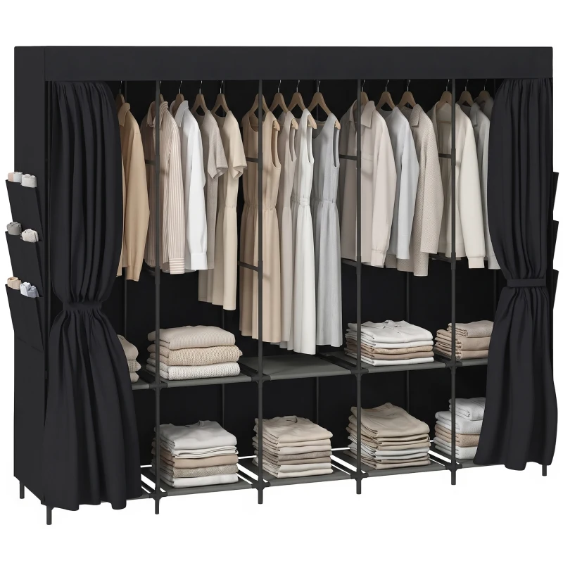 HOMCOM Dulap Textil Compact cu 5 Bare, 5 Rafturi, 6 Buzunare Laterale, Uși Anti-Praf cu Fermoar, Negru