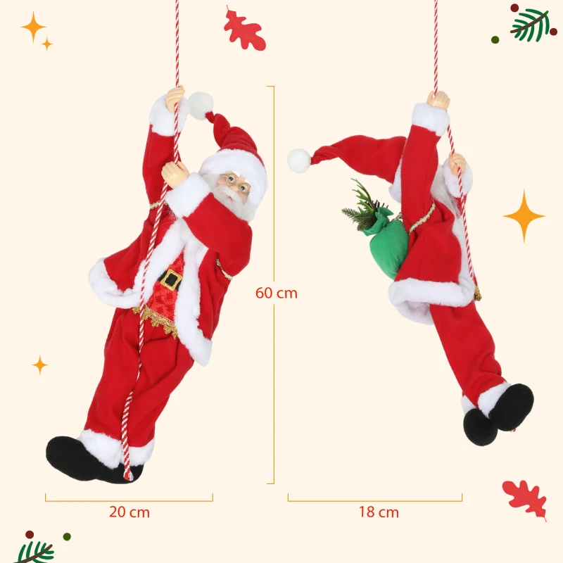 HOMCOM Kerstman 60 cm Zingend en Klimmend Kerstman met Geschenk Touw Soundfunctie Indoor, Rood