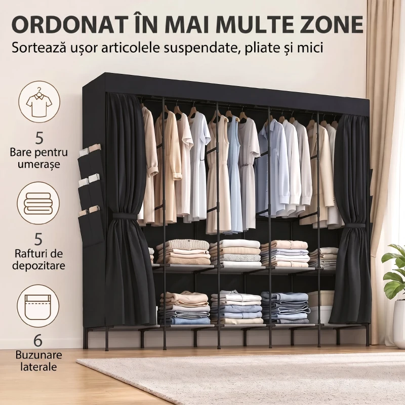 HOMCOM Dulap Textil Compact cu 5 Bare, 5 Rafturi, 6 Buzunare Laterale, Uși Anti-Praf cu Fermoar, Negru