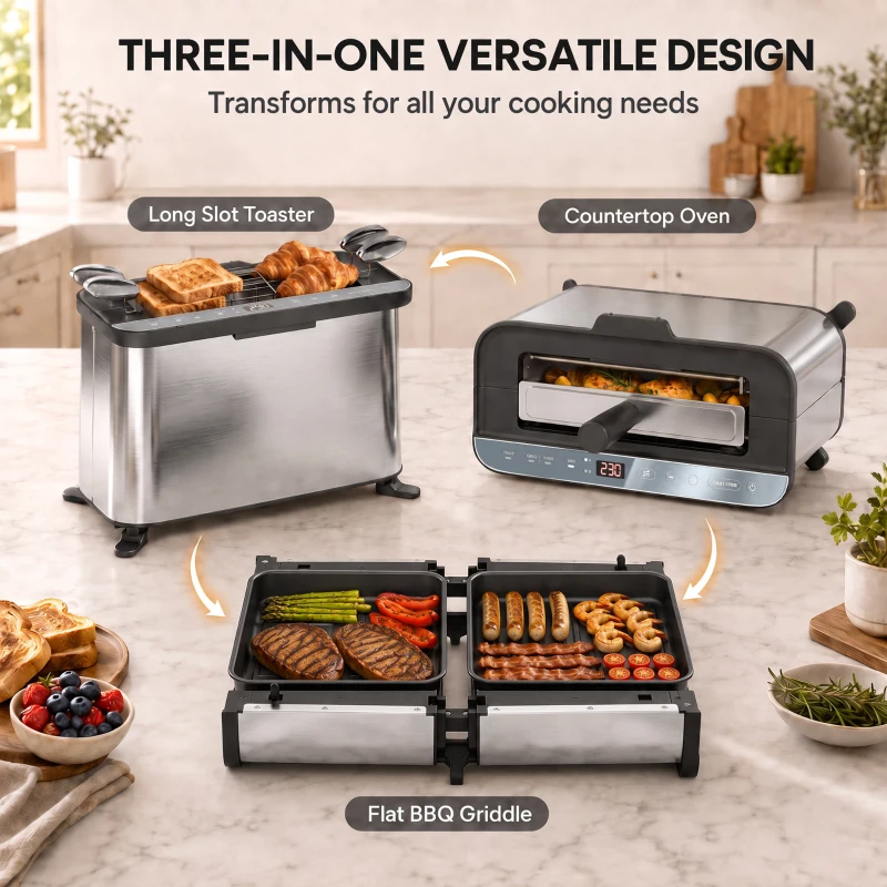 HOMCOM 3-in-1 Electric Mini Oven, Long Slot Toaster and Tabletop Grill, with LED Display, 60 Min Timer, Stainless Steel, 1700W