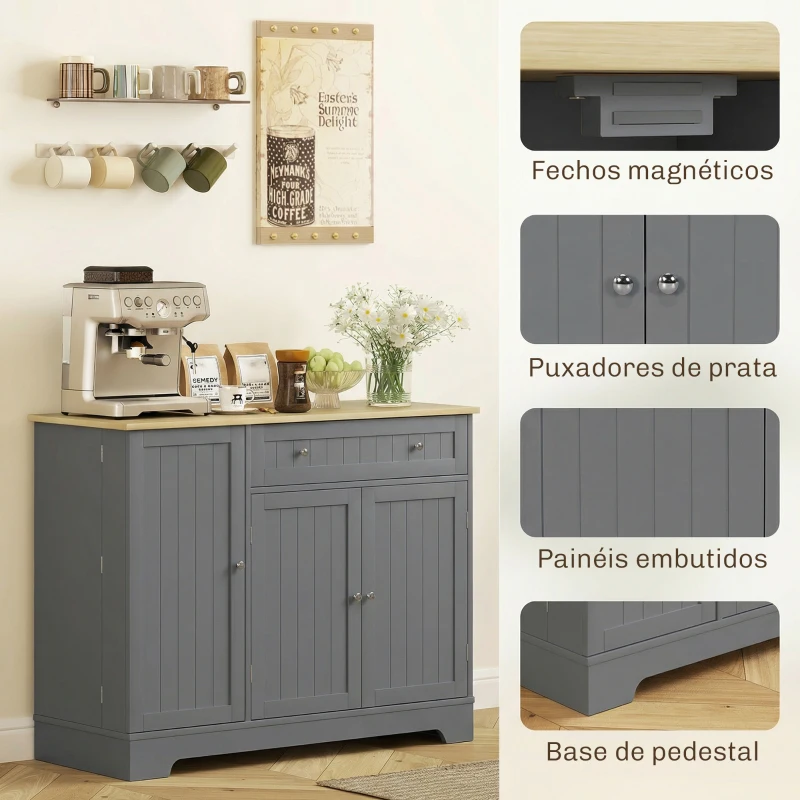 HOMCOM Aparador de Cozinha com 3 Prateleiras de Porta Gaveta e Prateleiras Ajustáveis para Sala de Jantar 105x40x83 cm Cinzento