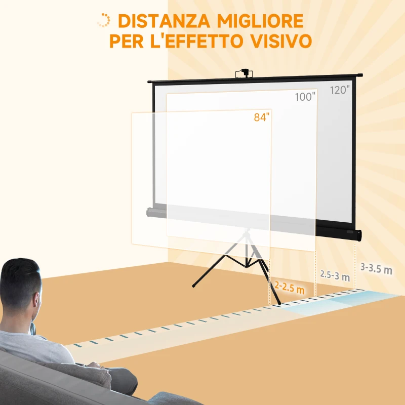 HOMCOM Telo Proiettore Pieghevole da 84" Formato 16:9 con Treppiede Regolabile, 200x8x118 cm, Nero