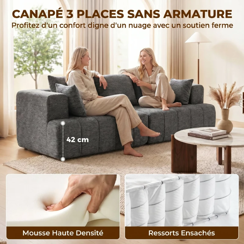 HOMCOM Canapé 3 places en chenille 248 cm, canapé salon moderne, large assise rembourrée, coussins à ressorts, gris