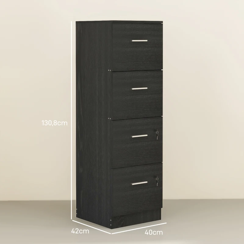HOMCOM Gaveteiro de Secretária com 4 Gavetas Fechaduras e Barras Ajustáveis para Arquivo A4 e Letter 40x42x130,8 cm Preto