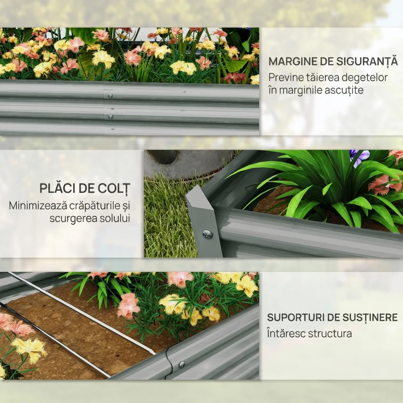 Outsunny Jardinieră de Exterior din Oțel cu Fund Deschis și Margini Întărite, 180x90x30 cm, Gri Argintiu