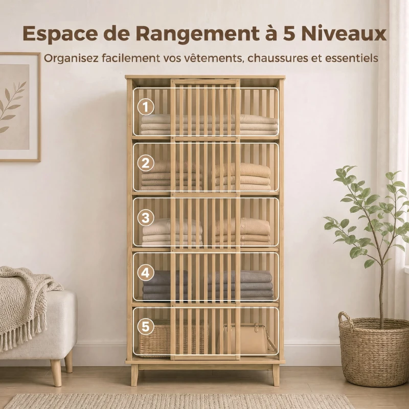 HOMCOM Armoire Chambre Penderie en Bambou 5 Niveaux avec Porte Coulissante, Design Aéré à Lattes, Bois Naturel