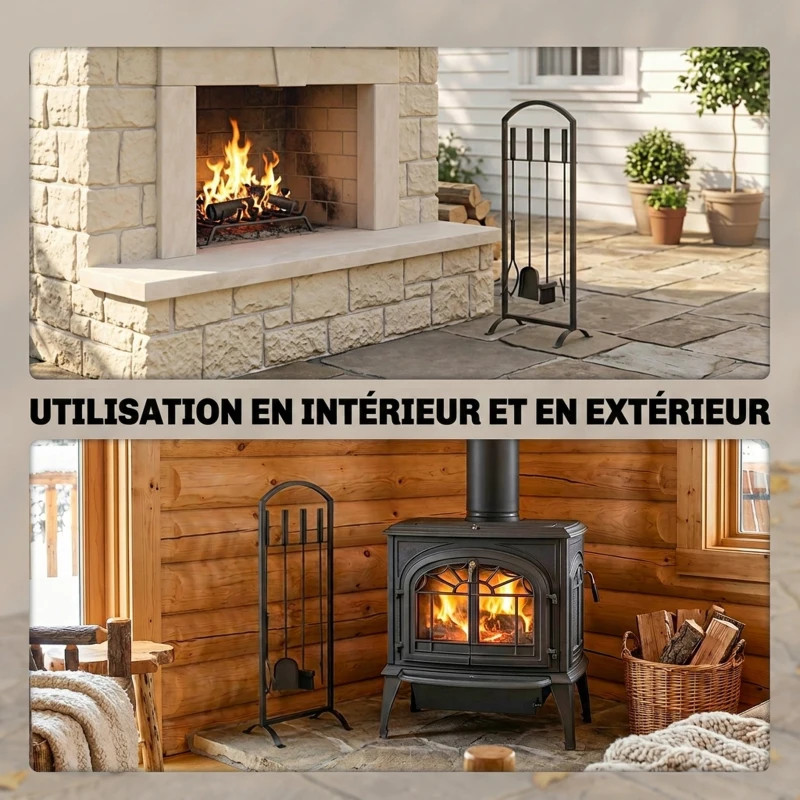 Outsunny Serviteur de Cheminée 6 Pièces avec Sac à Bûches, Brosse, Pelle, Tisonnier, Pince et Support, 30 x 22 x 86 cm, Noir