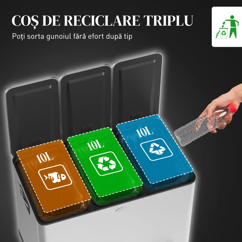HOMCOM Coș de Gunoi cu 3 Compartimente 10L pentru Bucătărie, Cu Pedale și Capace cu Închidere Silențioasă, Oțel Inoxidabil și PP, 49.6x34.5x38.6 cm, Argintiu