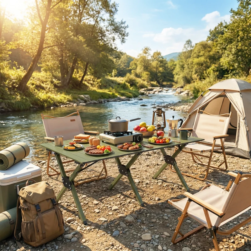 Outsunny 4ft Folding Camping Table, Waterproof Picnic Table with Roll Up Top, Carrying Bag and Metal Frame, Green