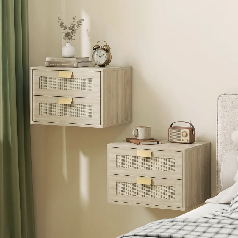 HOMCOM Conjunto de 2 Mesinhas de Cabeceira Suspensas com 2 Gavetas e Frente em Rotim Natural para Quarto 40x30x27,6 cm Carvalho