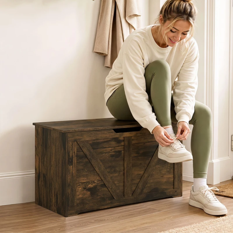 HOMCOM 100L Home Storage Box, with Safety Hinge - Rustic Brown Wood-Effect