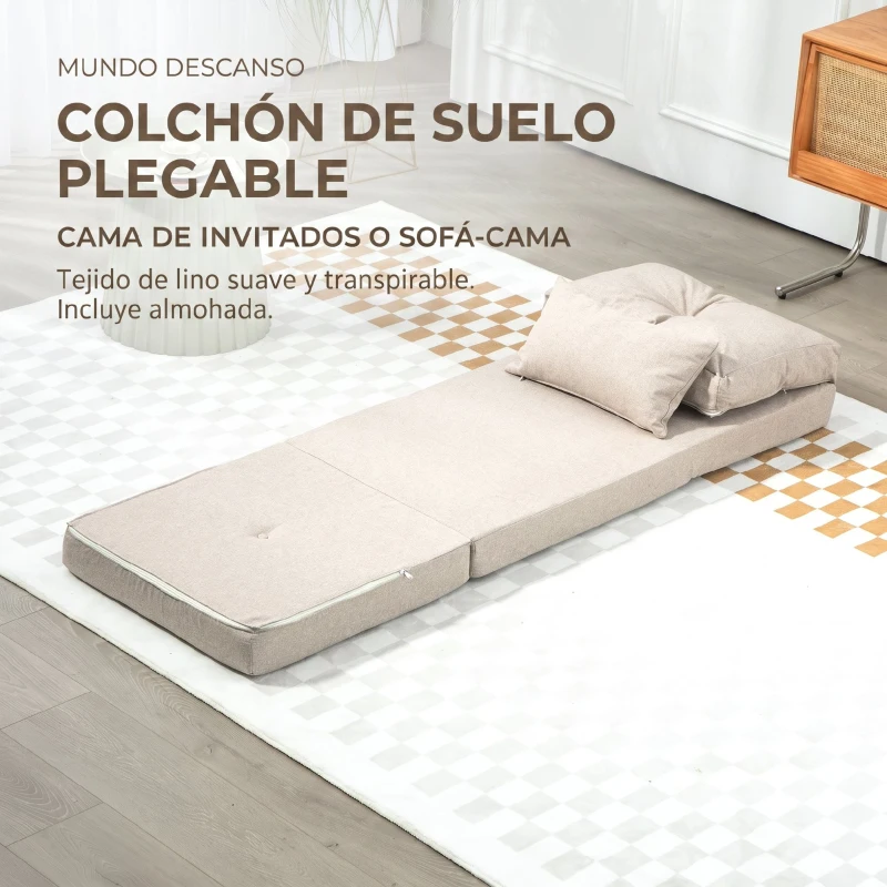 HOMCOM Sofá Cama Individual Plegable Sofá Cama Tapizado en Lino con Respaldo Ajustable 5 Posiciones 1 Almohada Beige