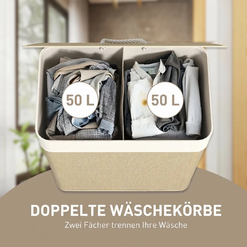 HOMCOM Bambus Wäschekorb mit Deckel 2 Fächer 100 L Wäschesammler mit Seilgriffen, herausnehmbarer Wäschesack