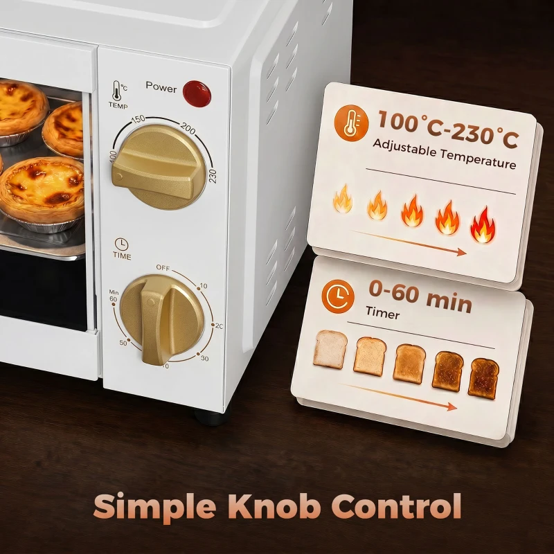 HOMCOM Mini Oven, 9L Countertop Electric Grill, Toaster Oven with Adjustable Temperature and Timer, 750W, White