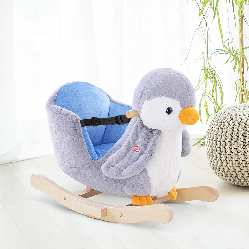 HOMCOM Pinguin Balansoar din Pluș cu 32 de Melodii și Centură de Siguranță, Vârstă 18 Luni