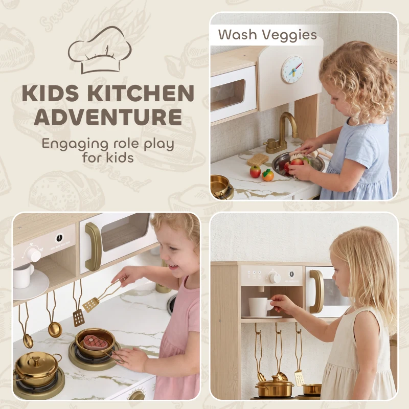 AIYAPLAY Play Kitchen, Kids Kitchen Playset with Rotating Coffee Machine, Storage Shelf, Stove, Gift for Kids 3-6 Years, White