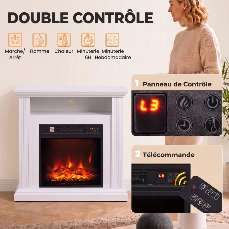 HOMCOM Cheminée Électrique 1800 W, Effet Flamme à 3 Niveaux de Luminosité, Fausse Cheminée avec Manteau, Effet Bois Blanc