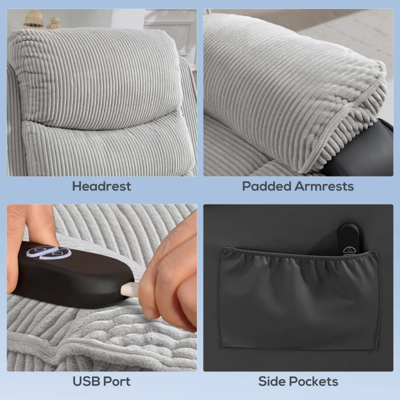 HOMCOM Power Lift Chair for Elderly, Corduroy Recliner with Wide Seat, High Back, USB Port, Side Pockets, Light Grey