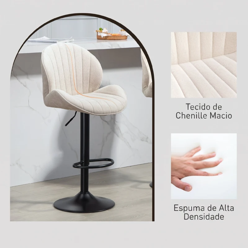 HOMCOM Conjunto de 2 Bancos de Bar Giratórios com Altura Ajustável 62-83 cm, Revestidos em Chenille, com Encosto e Apoio para os Pés, Bege