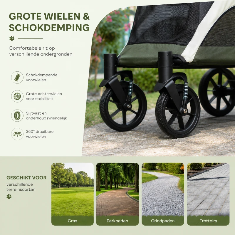 PawHut Opvouwbare Hondenbuggy voor 2 Kleine Honden tot 25 kg Donkergroen(m-5)