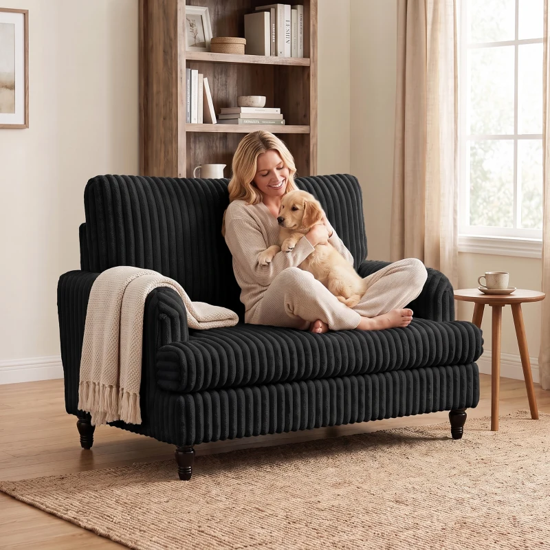 HOMCOM Corduroy Single Sofa Armchair, Modern Accent Chair with Stripes, Turned Legs and Wide Seat, Black