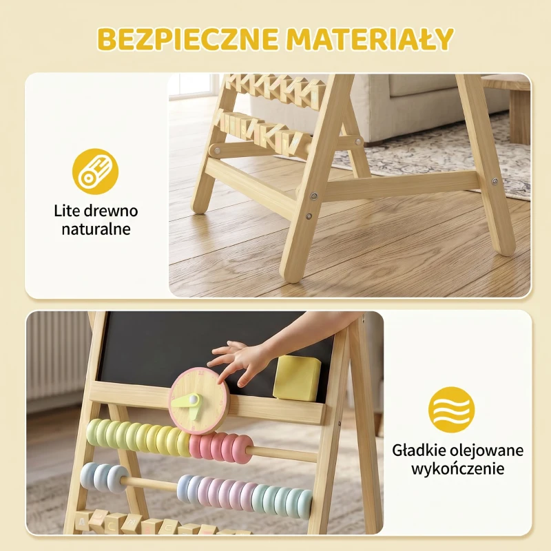 AIYAPLAY Cavalete Infantil em Madeira com Quadro de Dupla Face, Relógio, Ábaco e Apagador, a partir de 2 Anos, Natural