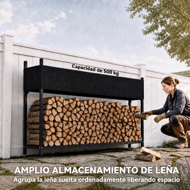 Outsunny Estante de Leña con Funda Oxford 600D y Cables Marco de Acero Galvanizado Carga 500 kg para Interior y Exterior Negro